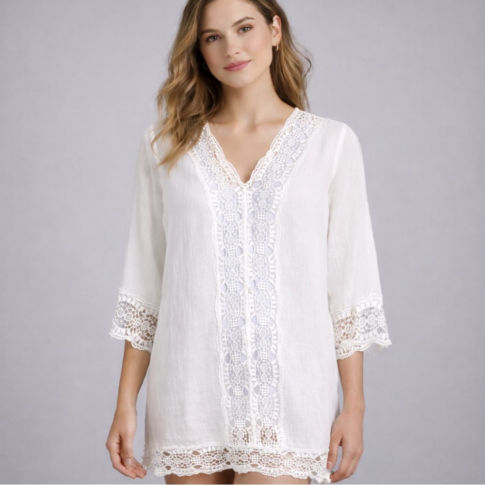 Sigrid Olsen Women’s Swim Cover Up Linen V-Neck Crochet Trim Large gauzy light
